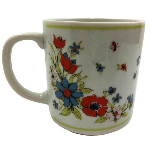 Dog Chasing Little Girl on Bicycle Colorful Bouquet of Flowers Japan Coffee Mug - Picture 2 of 7